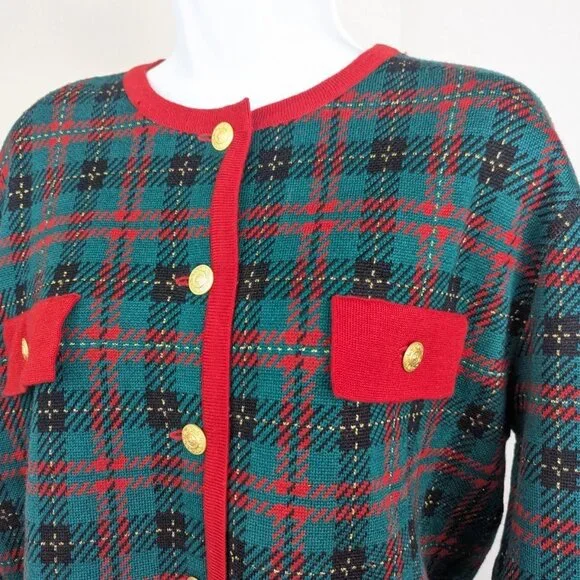Vtg Classiques Entier Merino Wool Blend Cardigan Green Red Black Gold Button Lrg - Picture 11 of 12